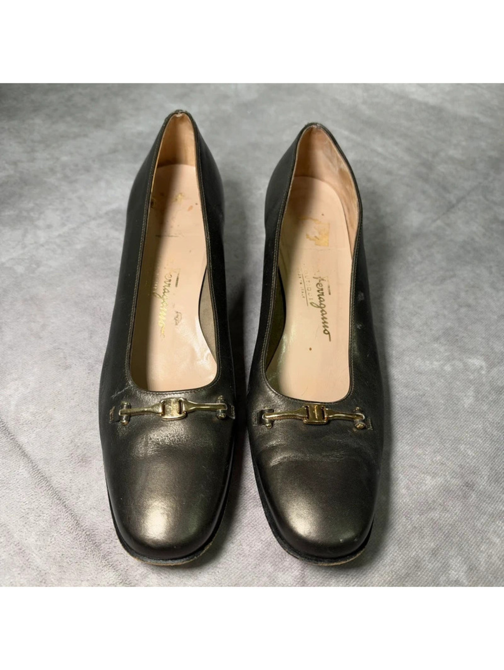 Vintage Salvatore Ferragamo Womens Bronze Metallic Leather Block Heels Pumps 9.5
